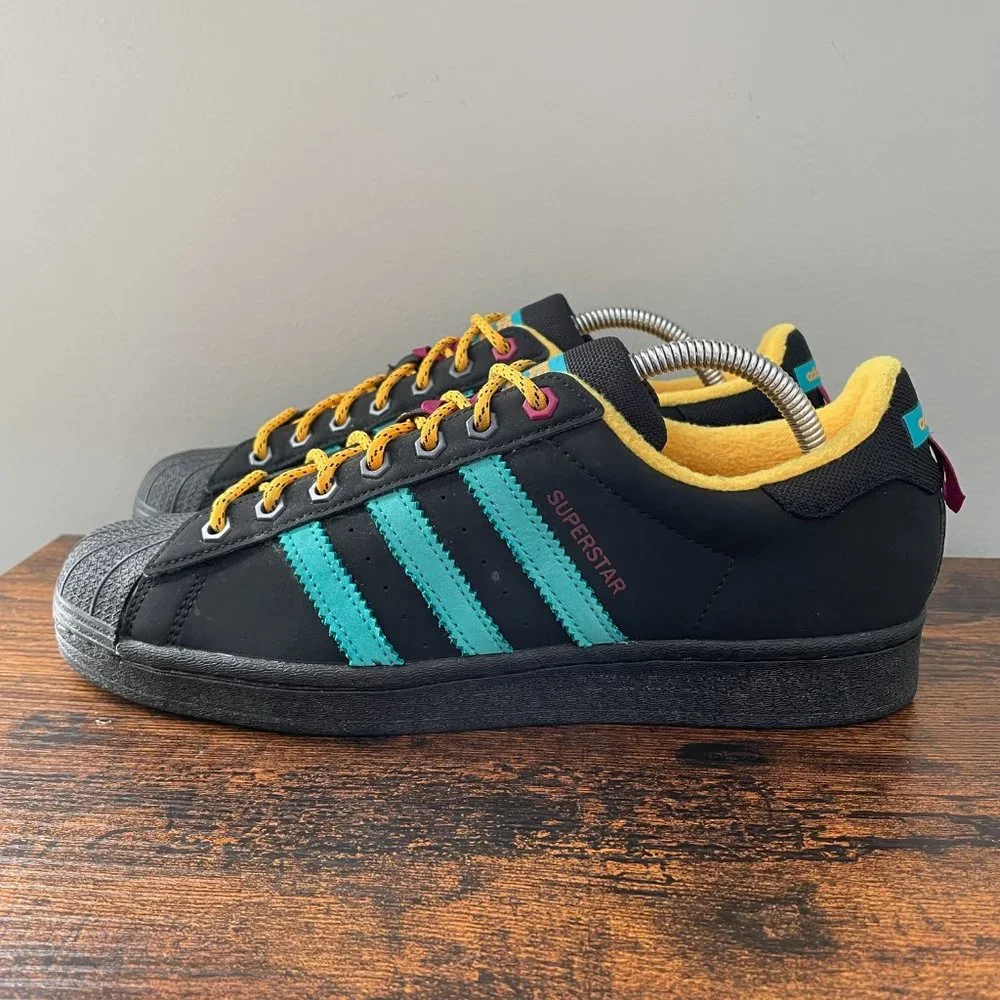 adidas Superstar Mens Size 8.5 Shoes Black Aqua Popped Color Shell Toe Sneakers
